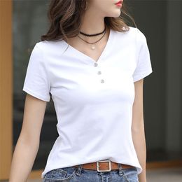 Woman Tshirts Cotton T-shirt Women's Short Sleeve Summer White V-Collar Top Sleeve Summer Shirt Tops Mujer Camisetas 220408
