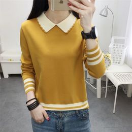 Women Winter Autumn Style Knitted Blouse Shirt Women Loose Long Sleeve Peter pan Collar Solid Colour Knitted Elegant Tops 210302