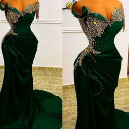 2022 Plus Size Arabic Aso Ebi Dark Green Mermaid Prom Dresses Lace Beaded Crystals Evening Formal Party Second Reception Birthday Engagement Gowns Dress ZJ670