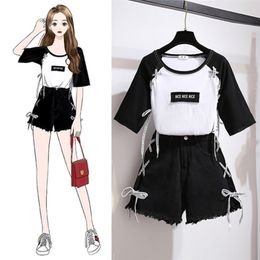 Summer Tracksuit Two piece Colour Patchwork Letter Tshirt & Cross tie Letter Hole Tassel Denim Shorts Student Sets 220613