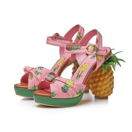 Chunky 2022 Ladies Pineapple Leather 11CM High Heel SANDALS 3.5CM Platform Open Peep-toes European American Palace Buckle Print Fruit Cut SHOES Size 34-43 58904