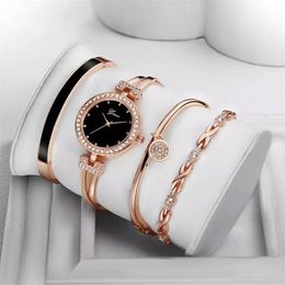 Ginave Watch Women Rose Gold Diamond Bracelet Watch LuxuryJewelry Ladies Famale Girl Hour Casual Quartz Wristwaches 4 PCS Set T200420