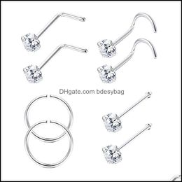 Nose Rings Studs 8Pcs 925 Sterling Sier L Shaped Cz And Hoop For Women Men 22G Helix Piercing Jewelry Li Bdesybag Dhhxl