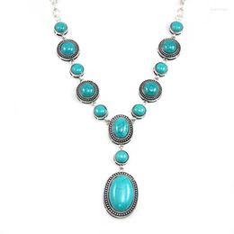 Chains Blue Stone Necklace Pendants Silver Color Plated Big Long With Stones Vintage Jewelry Women Gifts Nke-k48Chains Heal22