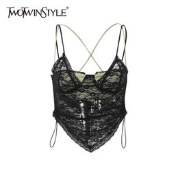 TWOTWINSTYLE Patchwork Lace Short Vest For Women Square Collar Sleeveless Fake Two Sexy Vests Female Fashion Clothing Style 210401