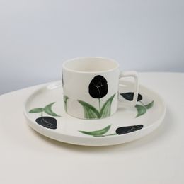 Cups Saucers Korea ins retro hand-painted tulip ceramic mug afternoon tea coffee cup home couple water cup saucer