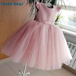 New Peach Pink Flower Girls Dresses for Wedding Beading Backless Birthday Party Evening Dress Tulle Princess Ball Gown Vestidos