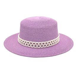 Wide Brim Hats Fashion Summer Beach Hat Unisex Paper Straw Pearl Ribbon Boater Sun For Women LadiesWide