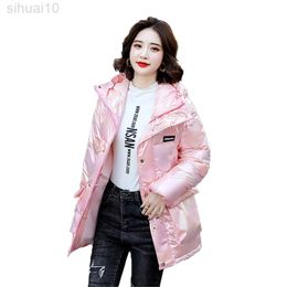 Pink Down Cotton Coat Women White Purple Green Hooded Slim Tops New Winter Korean Thick Warm Parkas Jacket L220730