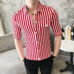 Spring Summer Short Sleeve Shirt Dress Brand New Camisa Masculina Slim Fit Simple Striped Shirt Men Clothes 3XLM Red Black