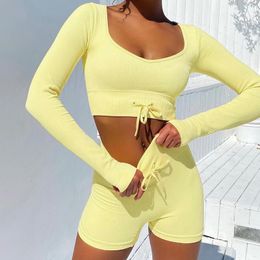 Women's Tracksuits Hirigin Summer Sexy Women Two Piece Short Set Slim Lace Up Crop Top 2022 Long Sleeve Outfit Sport Casual Fitness Fashion