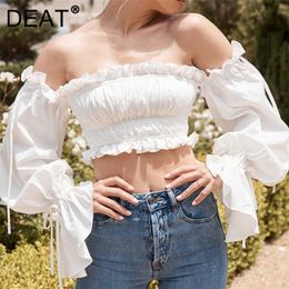 DEAT Women Flare Sleeve Edible Tree Fungus Off Shoulder Chiffon Shirt Slash Collar Blouse Fashion Spring Summer HR311 210709