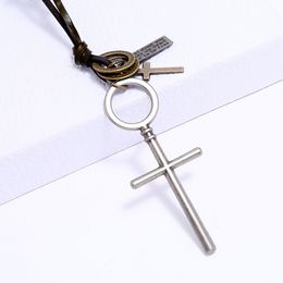 Simple Jesus Cross Pendant Necklace ring id charm Adjustable Chain Leather Necklaces for Women Men Punk Fashion Jewellery Gift