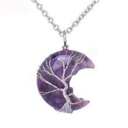 Natural Crystal Pendant Necklace Moon Shape Tree of Life Pink Quartz Natural Stone Reiki Pendants Jewelry for Women