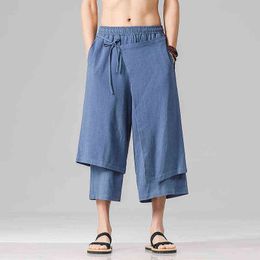 2022 Summer Men Casual Solid Color Pants Men Jogger Loose Irregular Skirt Trousers Male Streetwear Harajuku Linen Wide Leg Pants L220706