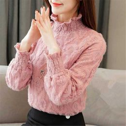 Women's Blouses & Shirts Autumn Winter Plus Fleece Women Lace Casual Korean Long Sleeve Ladies Half High Collar Slim Top T-Shirt MM1454Women