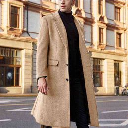 Men's Wool & Blends Autumn Winter Mens Long Black Blend Coat Business Casual Woolen Oversized Jacket Male Gray Overcoat Button Up Windbreake T220814