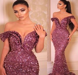 2022 Plus Size Arabic Aso Ebi Luxurious Mermaid Sparkly Prom Dresses Sequined Lace Evening Formal Party Second Reception Birthday Engagement Gowns Dress ZJ664