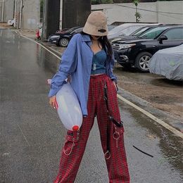 HOUZHOU Punk Chain Cargo Pant Harajuku Goth Plaid Chequered Trousers Female Streetwear Aesthetic Hip Hop Egirl Grunge Emo 220325