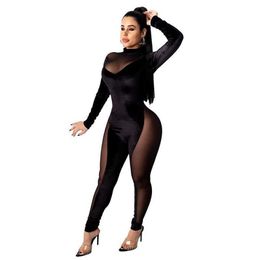 Streetwear Sexy Club Jumpsuit Overalls for Women Elegant Mesh Party Jumpsuit Romper Long Sleeve Black Bodycon Jumpsuit 210709