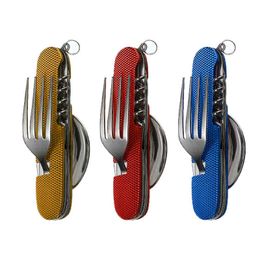 6 in1 Detachable Outdoor Tableware Camping Stainless Steel Fork Knife Spoon Bottle Opener Fold Kit For Hiking Survival Travel Y220530