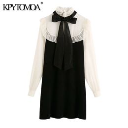 KPYTOMOA Women Fashion With Tied Organza Patchwork Knitted Mini Dress Vintage High Collar Long Sleeve Female Dresses Mujer 210322