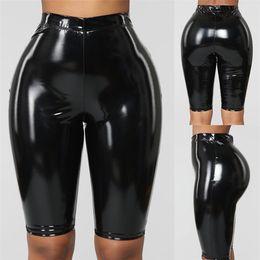 Women Sexy Wet Look PU Leather Shorts Clubwear High Waist Skinny Knee Length 220518