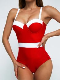 Women's Swimwear 2022 Sexy Female Swimsuit Vintage One Piece Push Up Solid Red Women Padded Bathing Suits Swim Suit