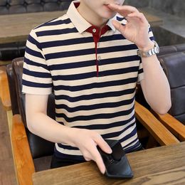 Men's Polos Cotton Summer Short-sleeved T-shirt Men's Half-sleeve Lapel Striped Shirt Slim Korean Version Fashion ShirtMen's Men'sMen's