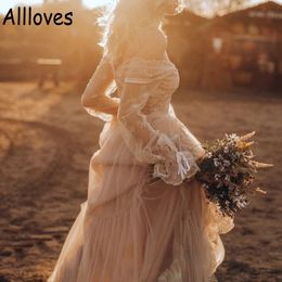 Champagne Country Western Wedding Gowns With Long Sleeves Retro Cowgir V-Neck Bohemian Lace Bridal Dresses Sweep Train Tulle A Lin312u