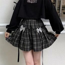 HOUZHOU Kawaii Gothic Lolita Plaid Skirt Women Goth Bow Black High Waist A-line Mini Skirts Japanese Style Harajuku Soft Girl 220317