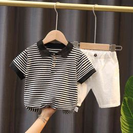 2022 Cotton Baby Clothes Summer Boys Clothing Sets Fashion Tie T-shirts +stripe Short 2pcs Suit Children Clothes For Bebe Boys G220509