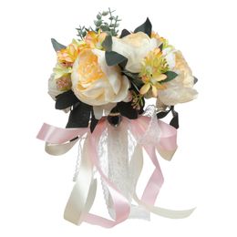 Champagne Bridal Bouquet Bride Wedding Artificial Flowers with Ribbon Handle Romantic Buque De Noiva W61291