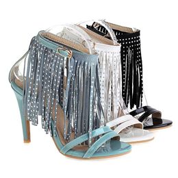 Women's High Fashion Tassel Sandals Shoes Heels Sexy Summer for Women Plus Size 43 Party Female Blue White Black 666