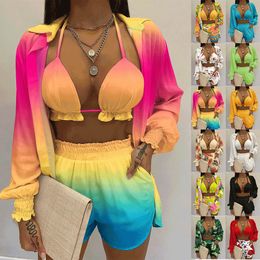 Summer Beach Vacation Suit for Female Sexy Solid Print Tie Dyed Bikini Shirt and Shorts Set Women Casual Three Piece Set
