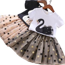 Girls Clothing Set Swan T Shirt Star Mesh 2Pcs Suit 2 Colours Summer Wear Kids Birthday Party Present For 2 8 Years Children 220620