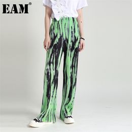 High Elastic Waist Green Pleated Long Wide Leg Trousers Loose Fit Pant Fashion Spring Summer 1DD8679 210512