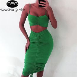 NewAsia Adjustable Length Two Piece Set Crop Top And Skirt Set 2 Piece Set Women Sexy Pleat Ruched Bodycon Two Piece Outfits New T200702