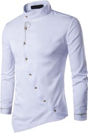 Men's Gold Embroidery Dress Shirts Irregular Hem Slim Fit Button Down Long Sleeve Mandarin Collar Shirt Tops