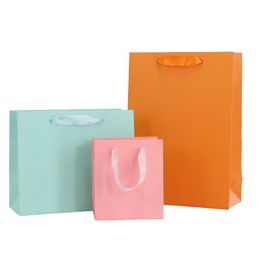 Gift Wrap Sturdy Paper Bags Solid Orange Green Aquamarine Bag Ribbon Handles Personality Boutique Commercial Anniversary Packing BagsGift