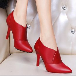 Winter Women Bare boots High Heels Dress Shoes Pointed Toe Boots Black Red Botas Mujer Thin Heels Pumps Woman Shoes N7862 Y200114