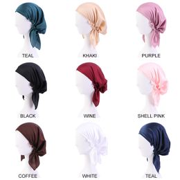 2022 New Pre-tied Women's Muslim Hijab Turban Silky Caps Cancer Chemo Headscarf Head Wrap Hair Loss Headwear Beanies Accessories