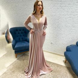 Elegant Blush Pink Beading Mermiad Prom Dresses V-Neck Long Sleeves Evening Gowns Appliques Lace 2022