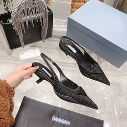 Women's pointed cat heel sandals Muller slippers are made of black pearls with crystal glittering pattern back buckle closure size 35-40