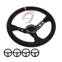 2022 New 350mm 14inch Deep Dish Racing Steering Wheel PVC Leather Aluminium Frame Light Weight 9-Hole Sport Car modification Steering Wheels and Horn Button Universal