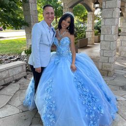 فساتين زرقاء فاتحة Quinceanera حبيبته قبالة الدانتيل الكتف