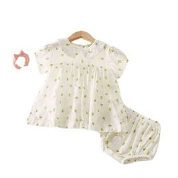 2022 Summer New Doll Collar Retro Small Floral Suit Baby Girl Short-sleeved Shirt + Shorts Baby Girl Outfit G220509