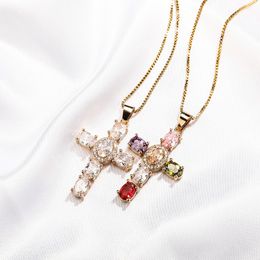6 Colored Oval Zircon Cross Pendant Necklace Micro Pave Cubic Zirconia with Box Chain Hip Hop Jewelry For Gift