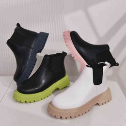 Boots 2021 Trend Brand Design Women Ankle Boots Mix Colour Platform Chunky Heel Round Toe Slip on Elastic Strap Fashion Ladies Shoes G220813