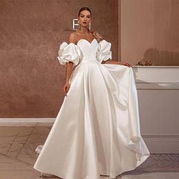 Wedding Dress A-Line Classic Satin Puffy Sleeves Sweetheart Backless Appliques Sequins Beads Plus Size Satin Ruffles Bridal Gowns Train robe custom made